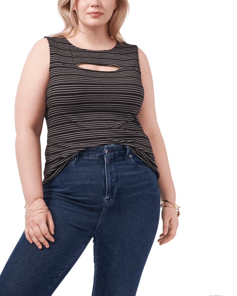 Front of a model wearing a size 1X Sadie Cutout Tank in RICH BLACK-060 by 1.State. | dia_product_style_image_id:262535